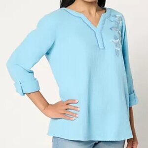 Susan Graver PURE Petite Getaway Gauze Embroidered Tunic